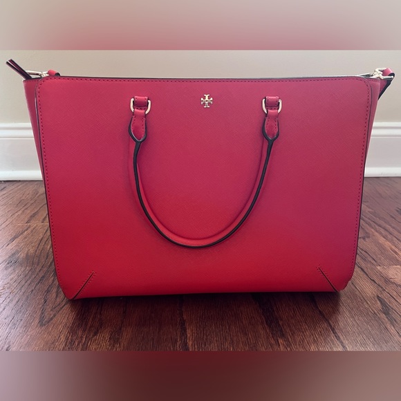 Tory Burch Emerson Poppy Orange Zip Tote Bag - Picture 1 of 16